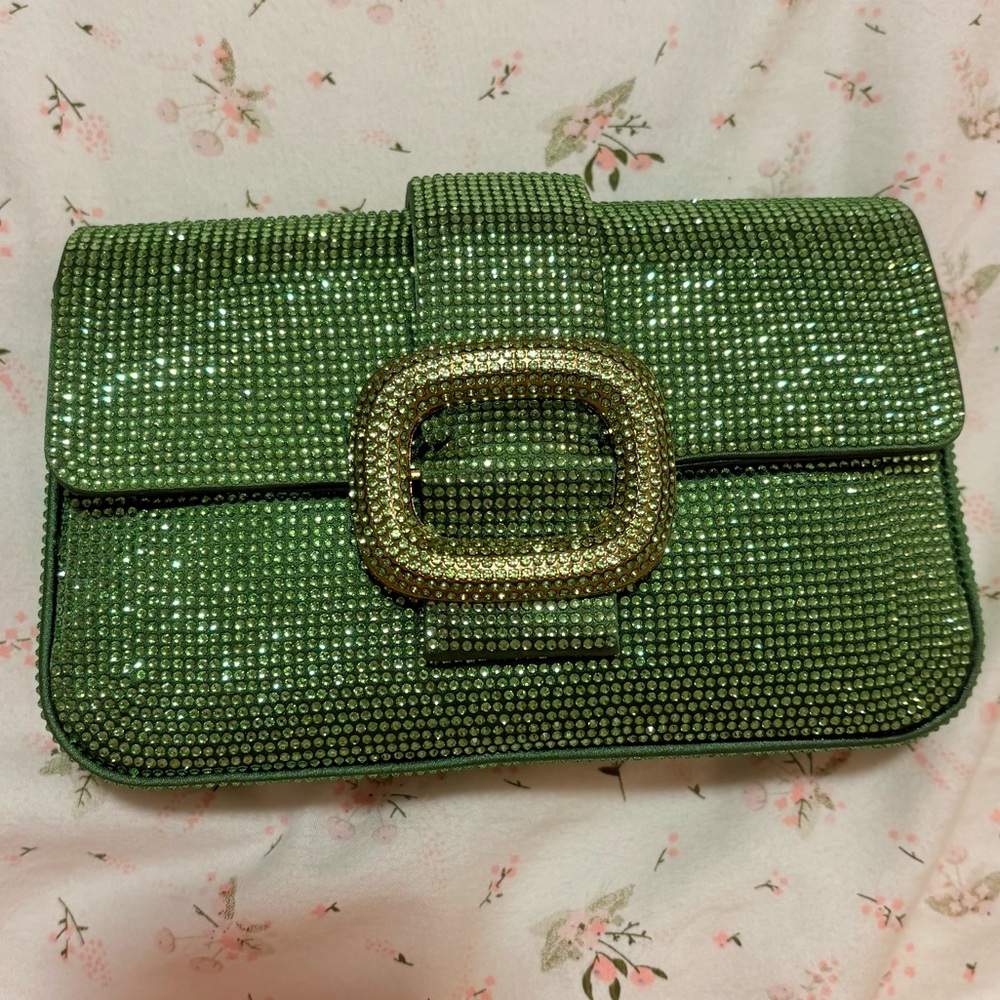 Green Crystal Rhinestone Embellished Crossbody Clutch Sparkly